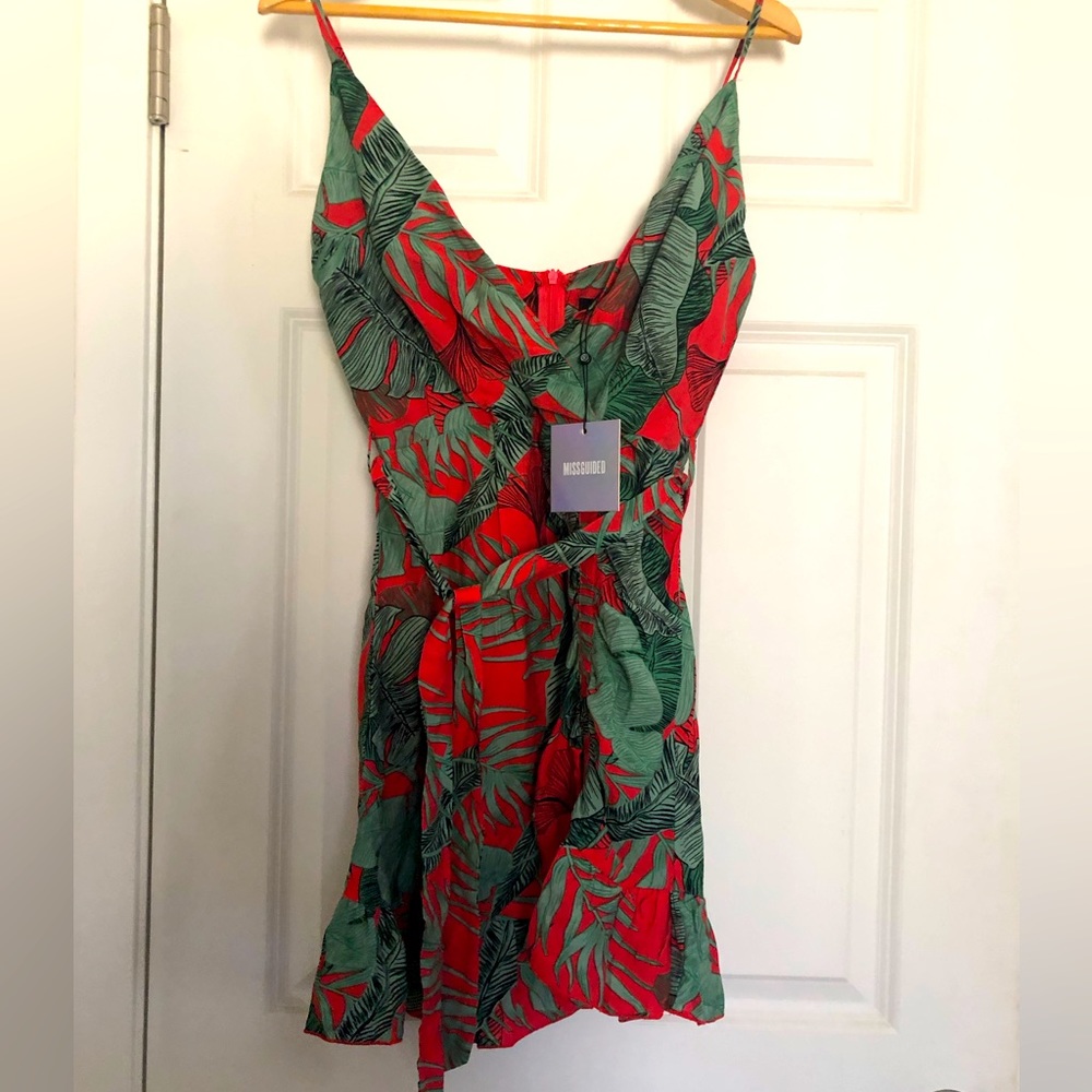 Missguided Beautiful Tropical Print Red Strappy Wrap Short Dress